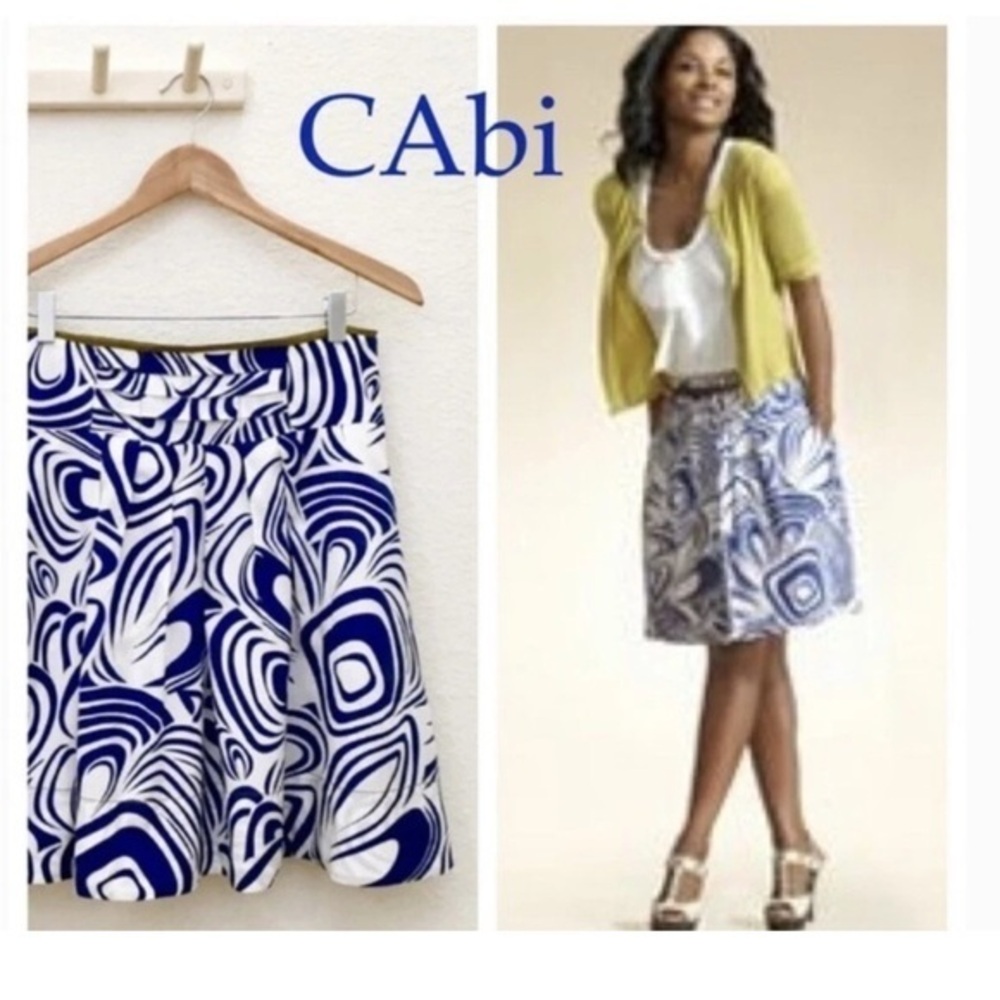 Cabi Blue/White Lombard Geo Swirl skirt with Pockets Size 4